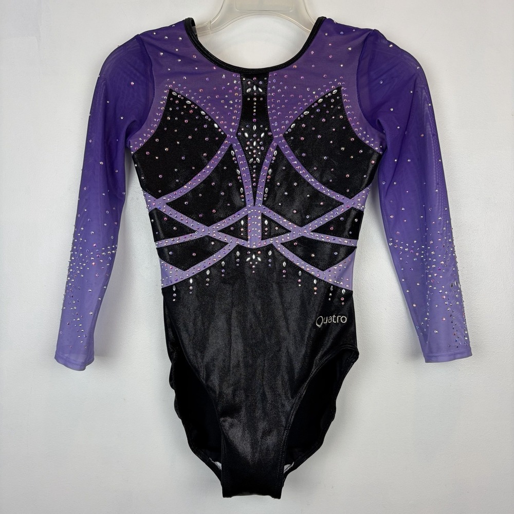 Quatro AME Leotard Purple Black Rhinestone Long Sleeve Competition